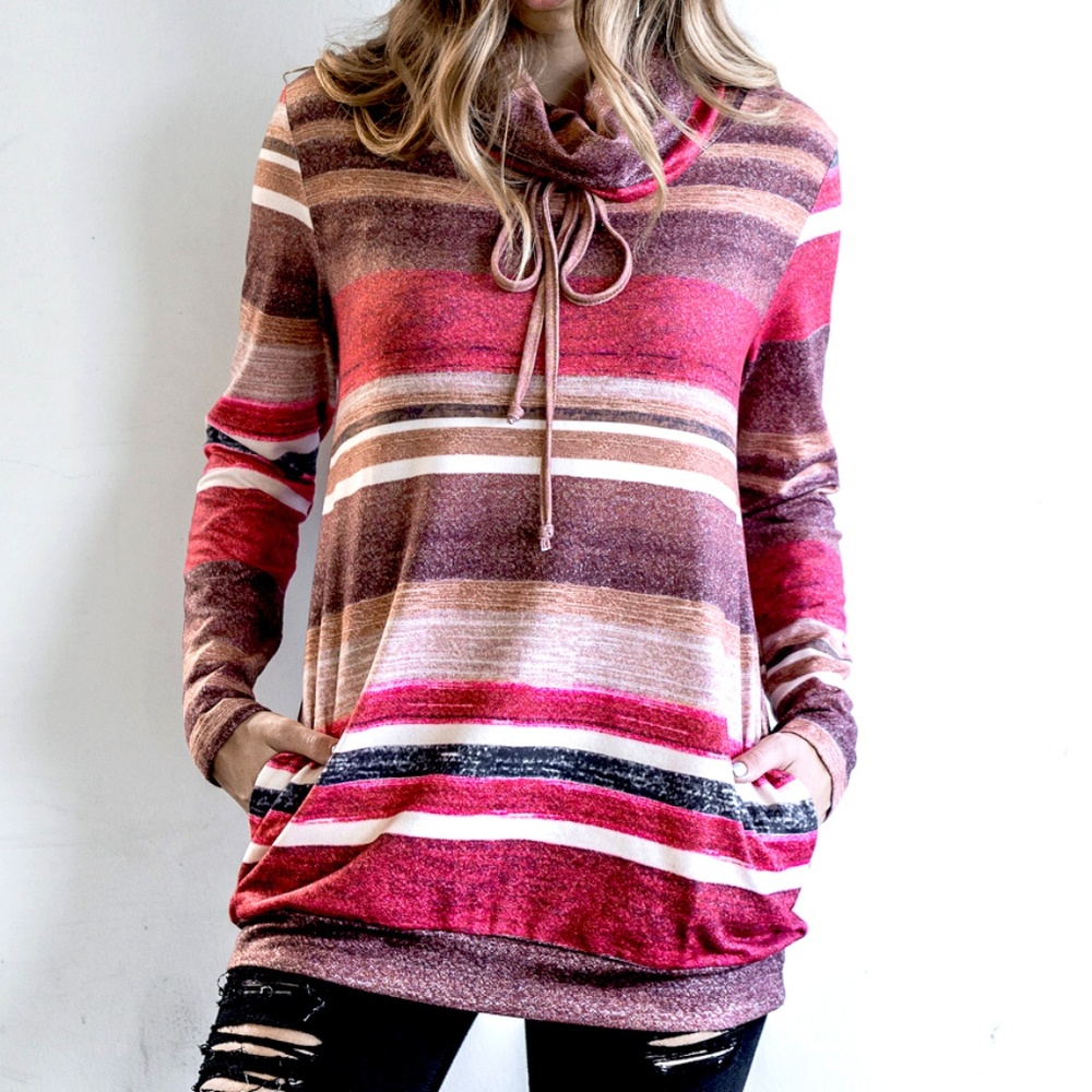 Cowl Turtle Neck Stripe Kangaroo Pocket Pullover